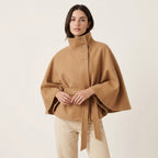 Women’s Short Cape Coat – Funnel Neck Belted Design Beige
