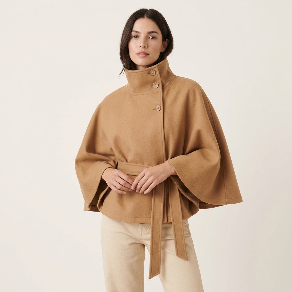 Women’s Short Cape Coat – Funnel Neck Belted Design Beige