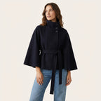 Women’s Short Cape Coat – Funnel Neck Belted Design Navy Blue