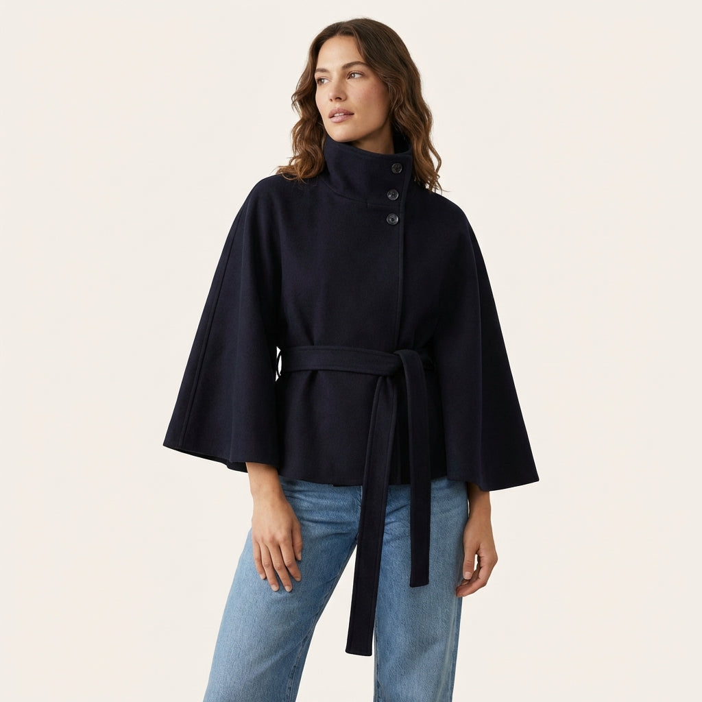 Women’s Short Cape Coat – Funnel Neck Belted Design Navy Blue
