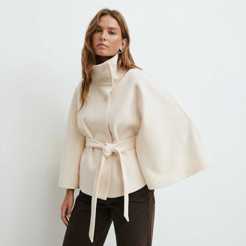 Women’s Short Cape Coat – Funnel Neck Belted Design White