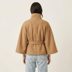Women’s Short Cape Coat – Funnel Neck Belted Design