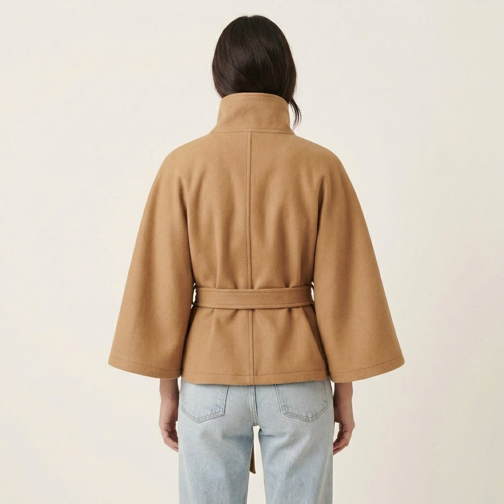 Women’s Short Cape Coat – Funnel Neck Belted Design