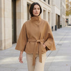 Women’s Short Cape Coat – Funnel Neck Belted Design