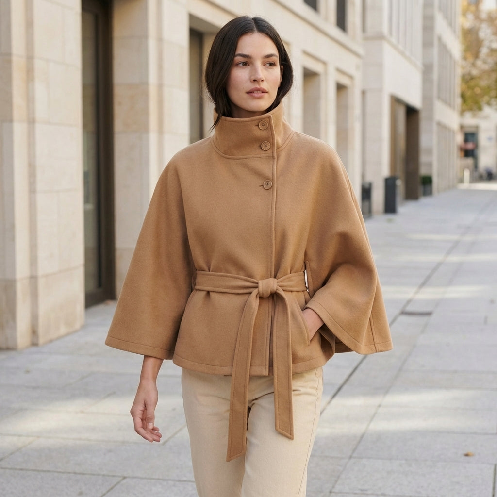Women’s Short Cape Coat – Funnel Neck Belted Design