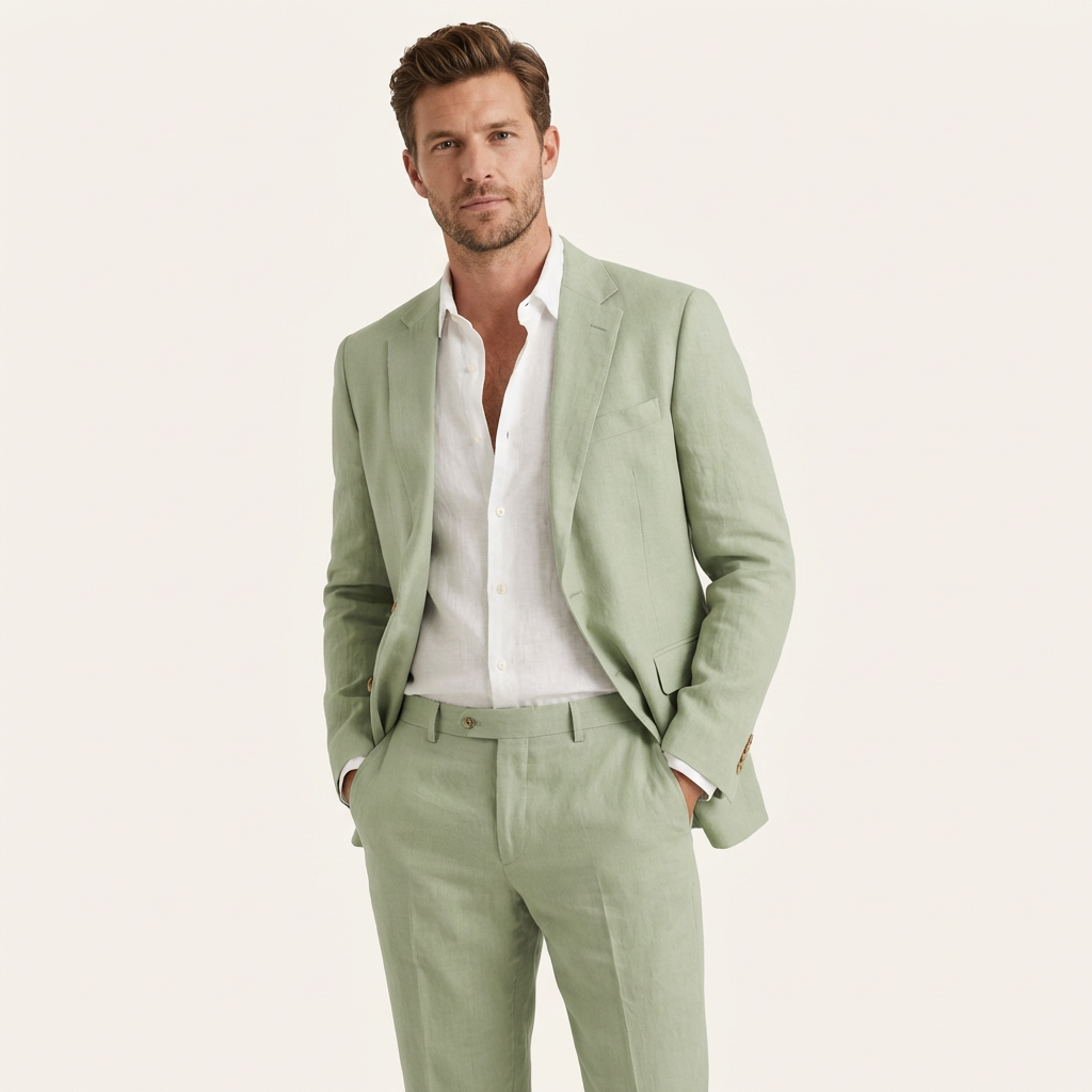 Men’s Linen 2-Piece Suit – Lightweight Summer Blazer & Trousers Light Green