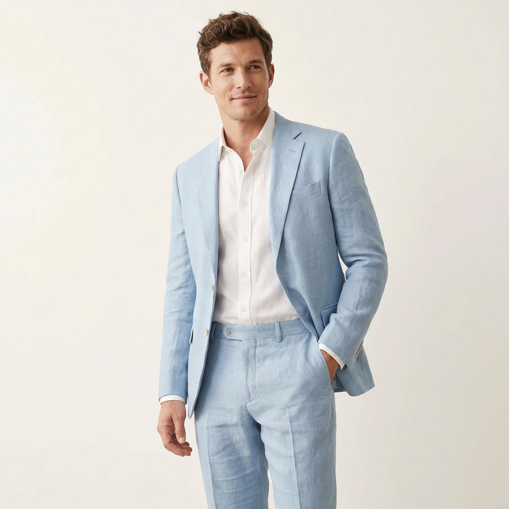 Men’s Linen 2-Piece Suit – Lightweight Summer Blazer & Trousers Light Blue