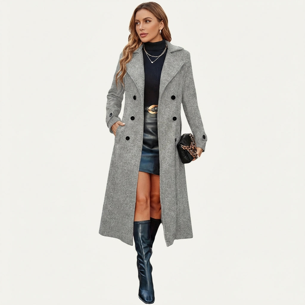 Women’s Double-Breasted Long Coat – Winter Tailored Outerwear Gray