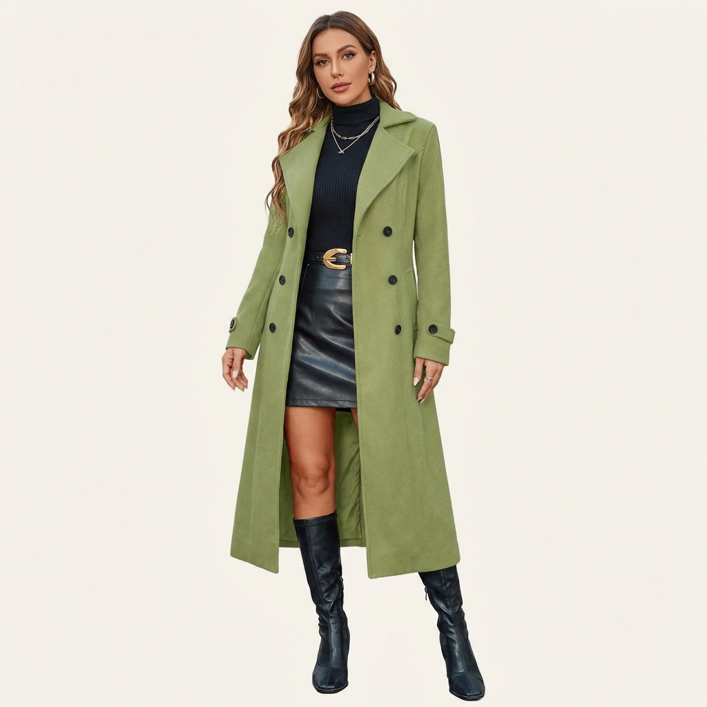 Women’s Double-Breasted Long Coat – Winter Tailored Outerwear Green