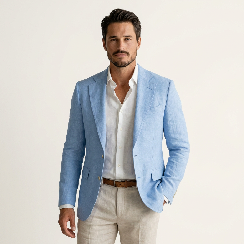 Men’s Linen Summer Blazer – Lightweight Tailored Jacket for Warm-Weather Outfits Light Blue