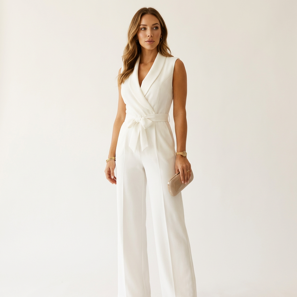 Women’s Tailored Wrap Jumpsuit – Wide Leg Formal Wear White