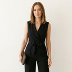 Women’s Tailored Wrap Jumpsuit – Wide Leg Formal Wear Black
