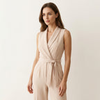 Women’s Tailored Wrap Jumpsuit – Wide Leg Formal Wear Beige