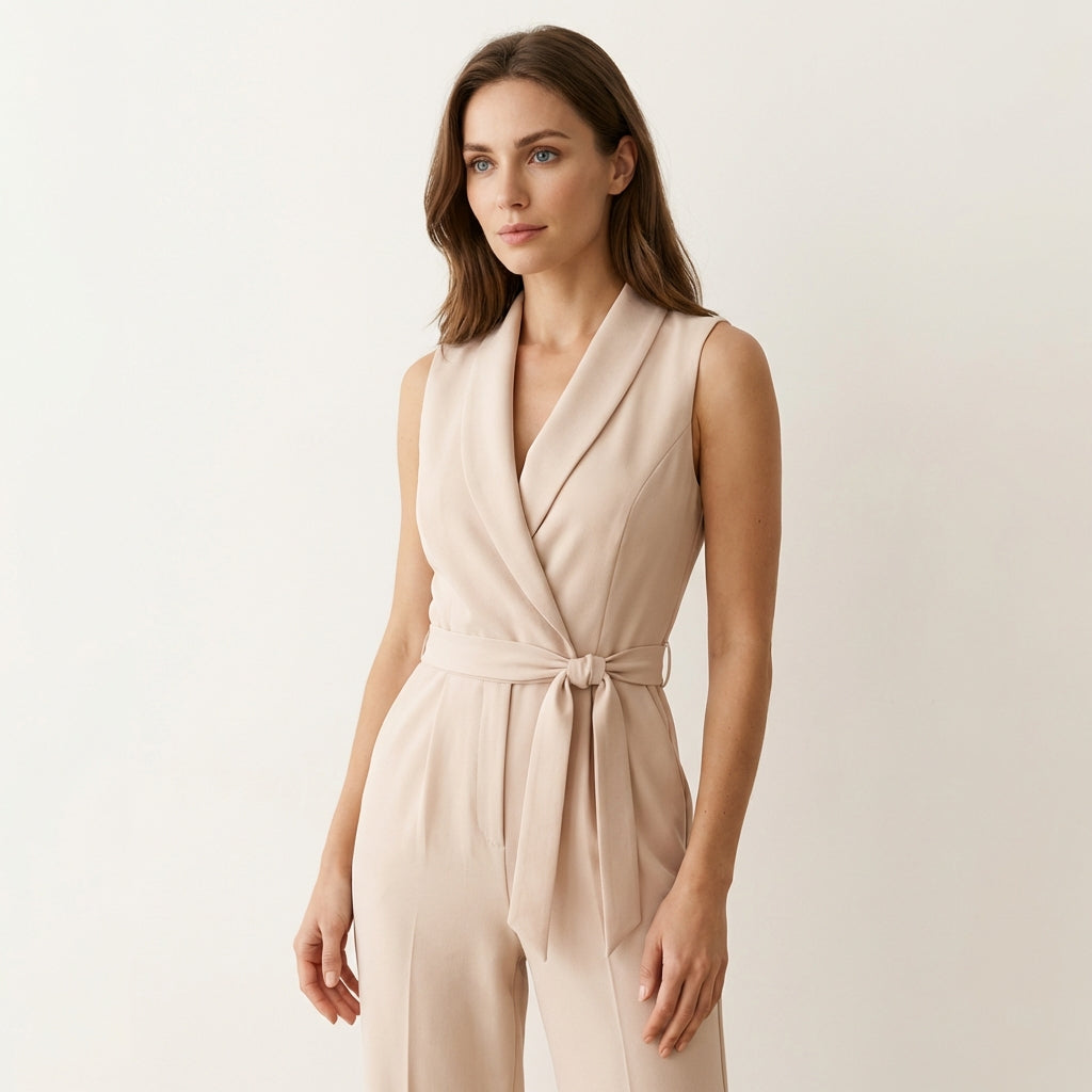 Women’s Tailored Wrap Jumpsuit – Wide Leg Formal Wear Beige