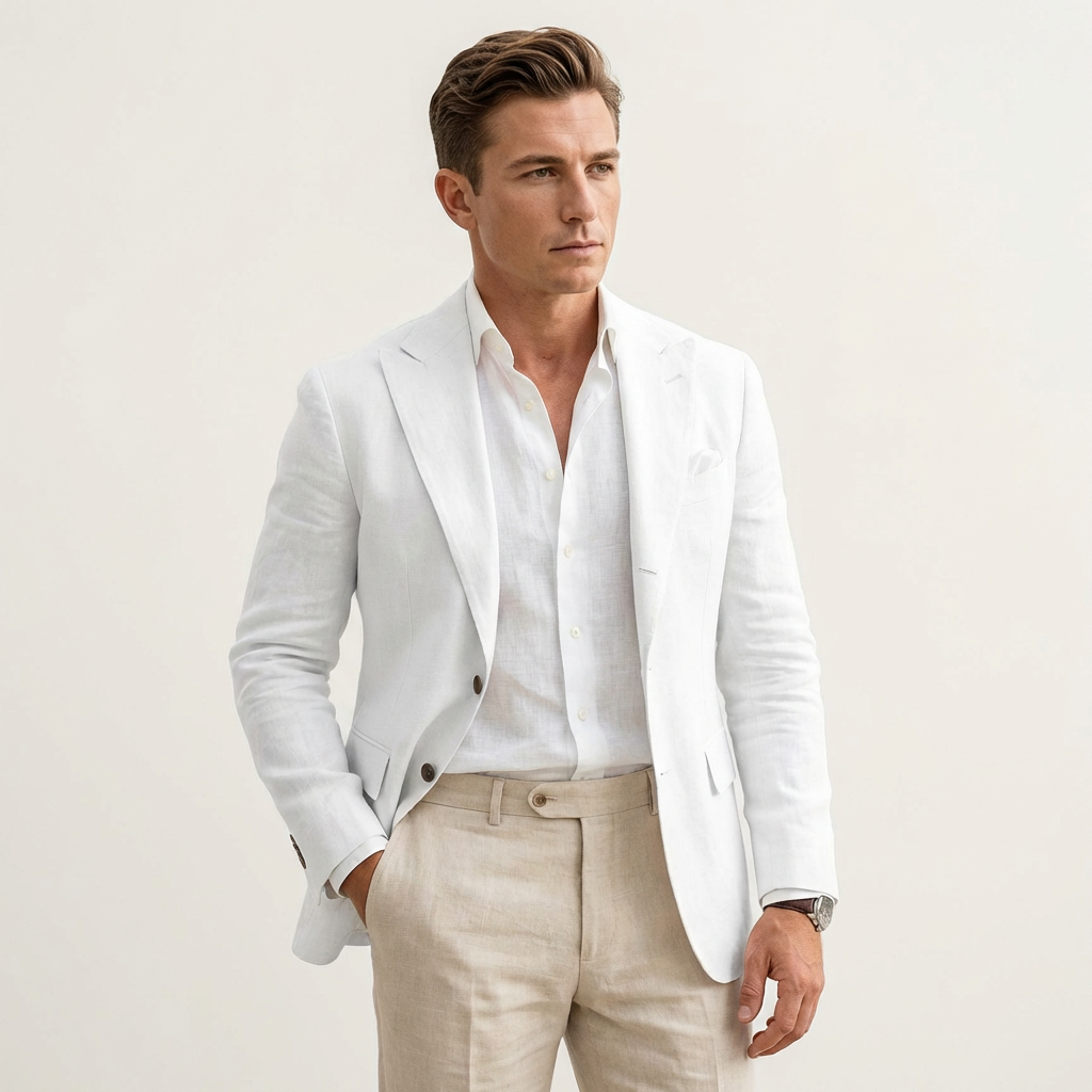 Men’s Casual Linen Blend Blazer – Modern Tailored Fit White