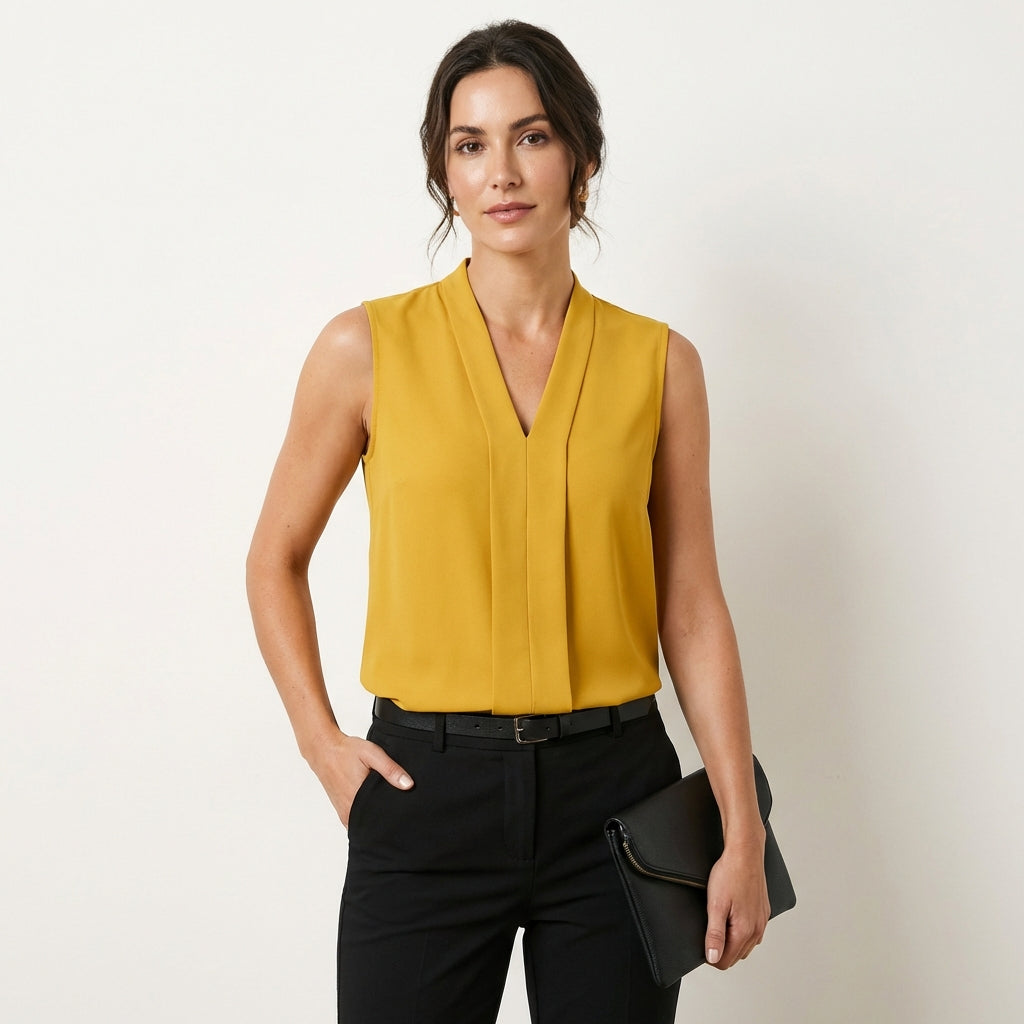 Women’s Sleeveless Formal Top – Draped Tailored Silhouette Yellow