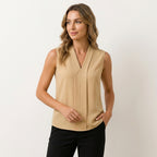 Women’s Sleeveless Formal Top – Draped Tailored Silhouette Beige