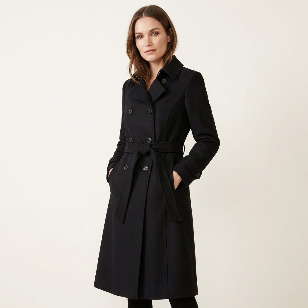 Women’s Mid-Length Winter Coat – Classic Collar Design Black