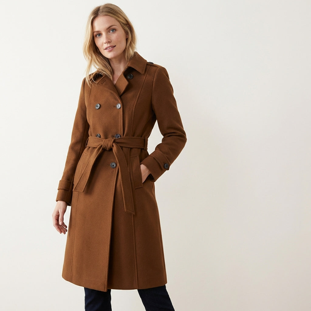 Women’s Mid-Length Winter Coat – Classic Collar Design Brown