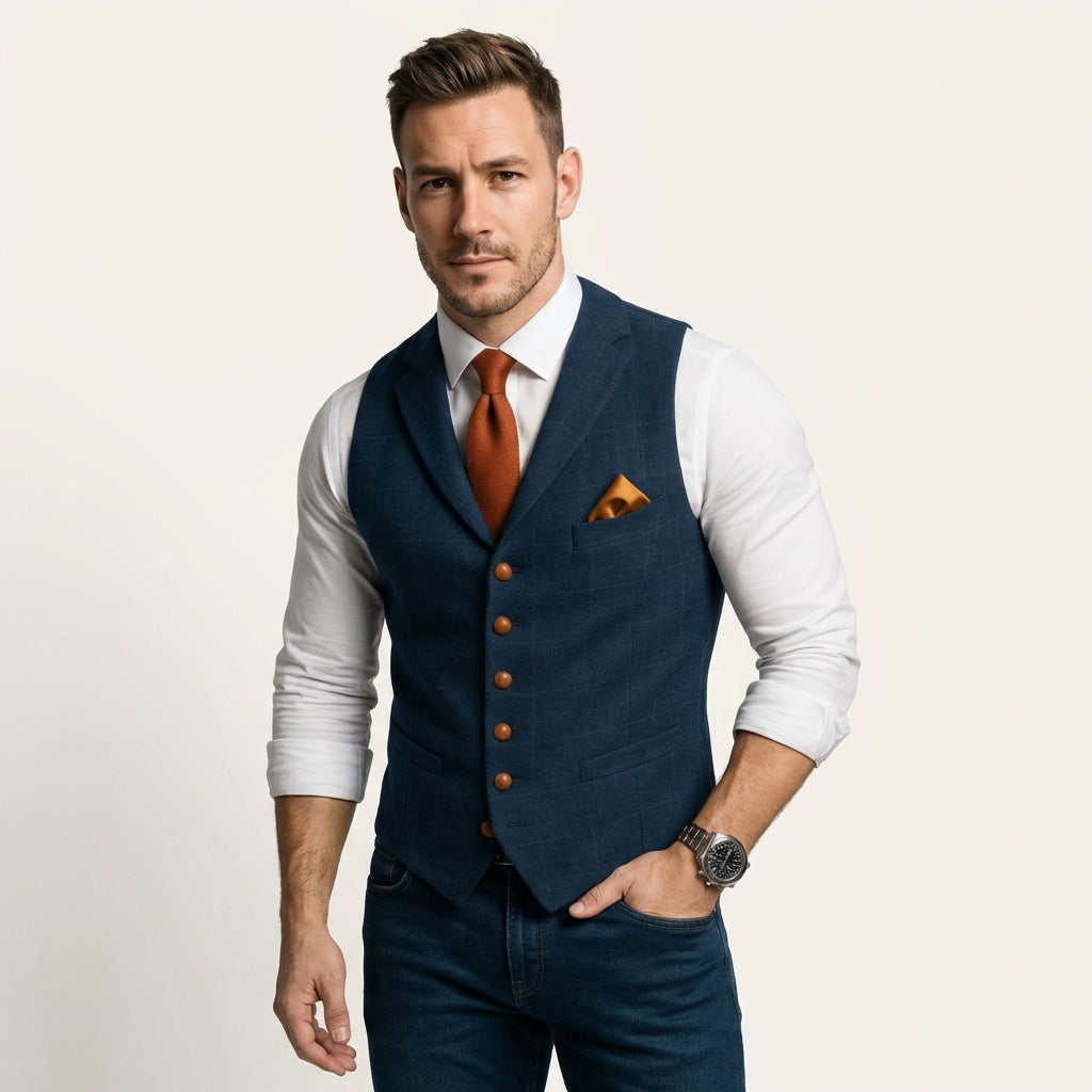 Men’s Tweed Waistcoat – Checked Tailored Vest Navy Blue