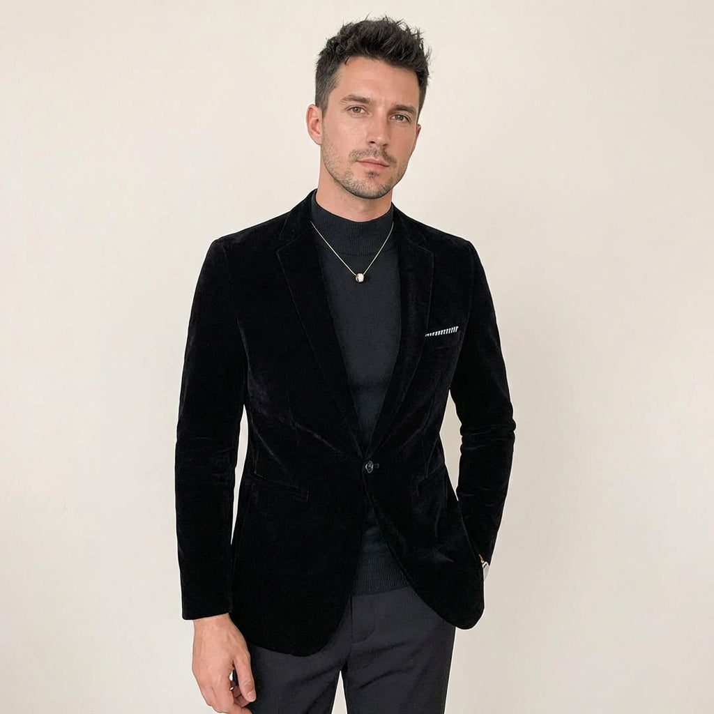 Men’s Velvet Blazer – Slim Fit Evening & Formal Jacket Black