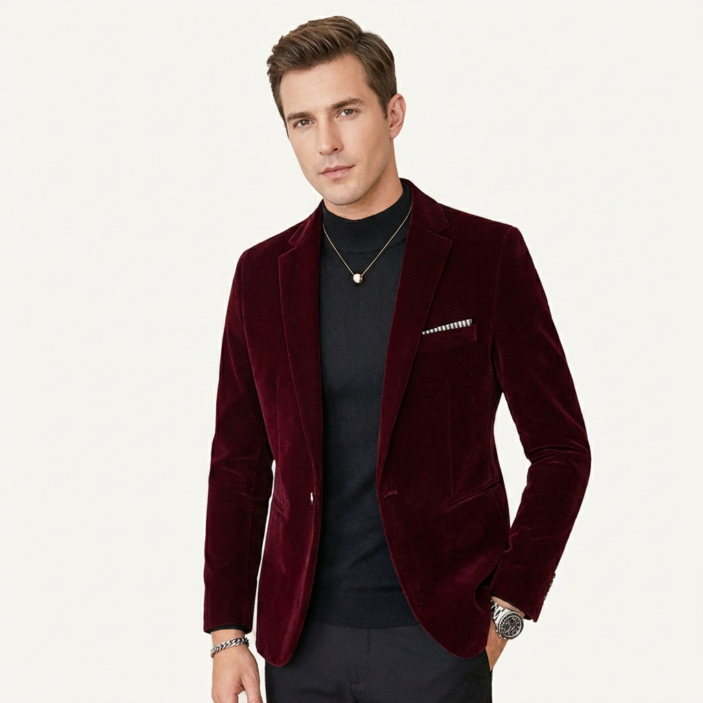 Men’s Velvet Blazer – Slim Fit Evening & Formal Jacket Red