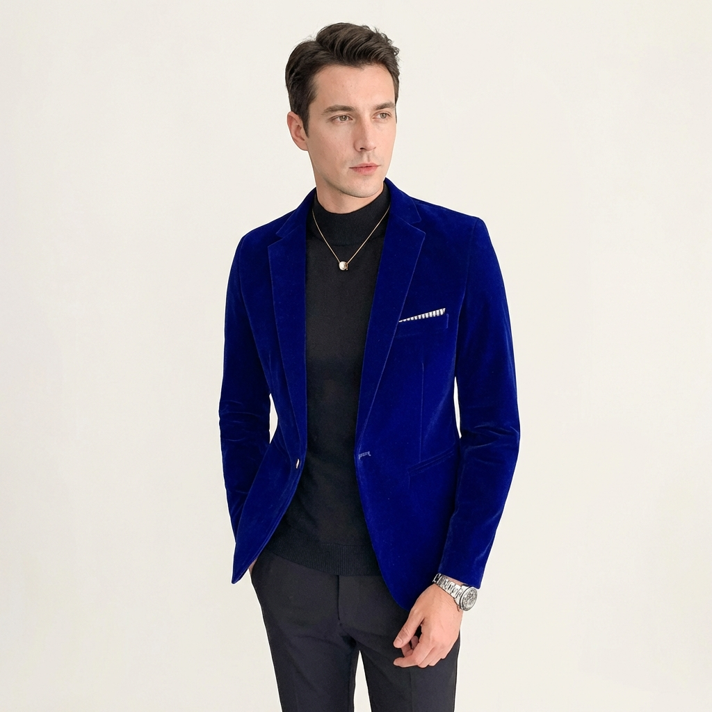 Men’s Velvet Blazer – Slim Fit Evening & Formal Jacket Blue
