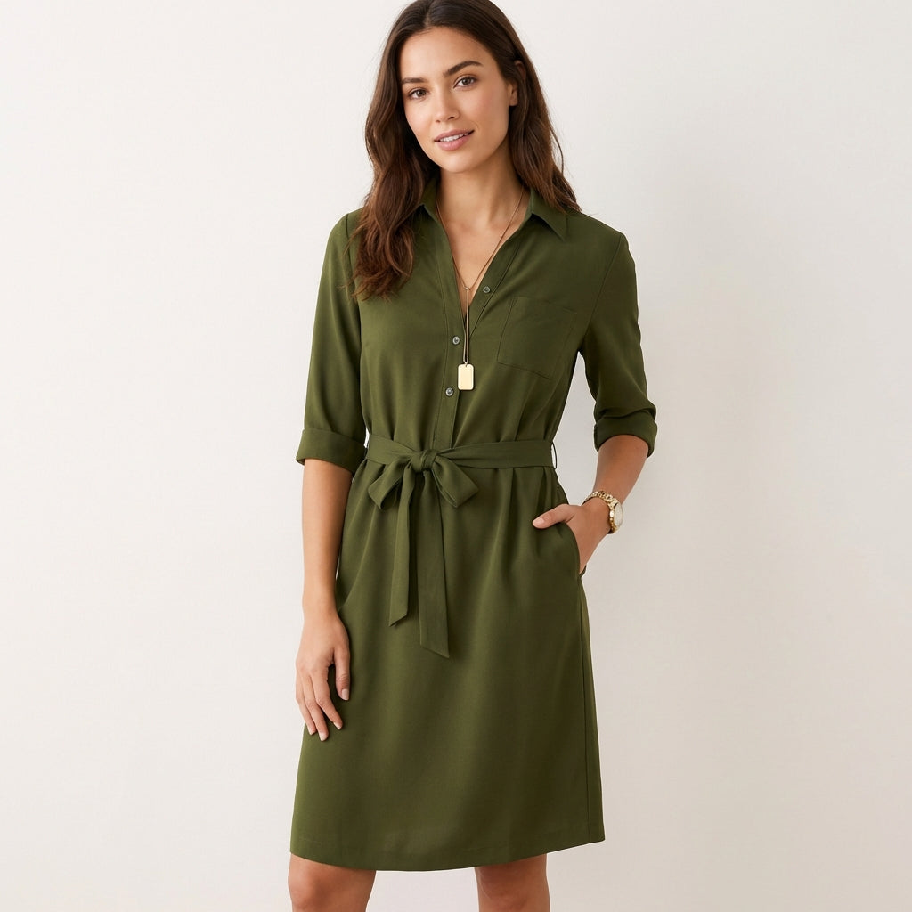 Women’s Casual Midi Dress – Flattering Fit for Work & Evening Khaki Green