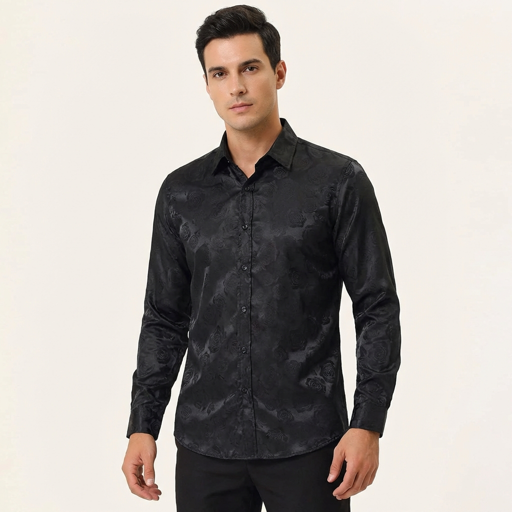 Men’s Gloss Finish Dress Shirt – Elegant Long Sleeve Formal Wear Black