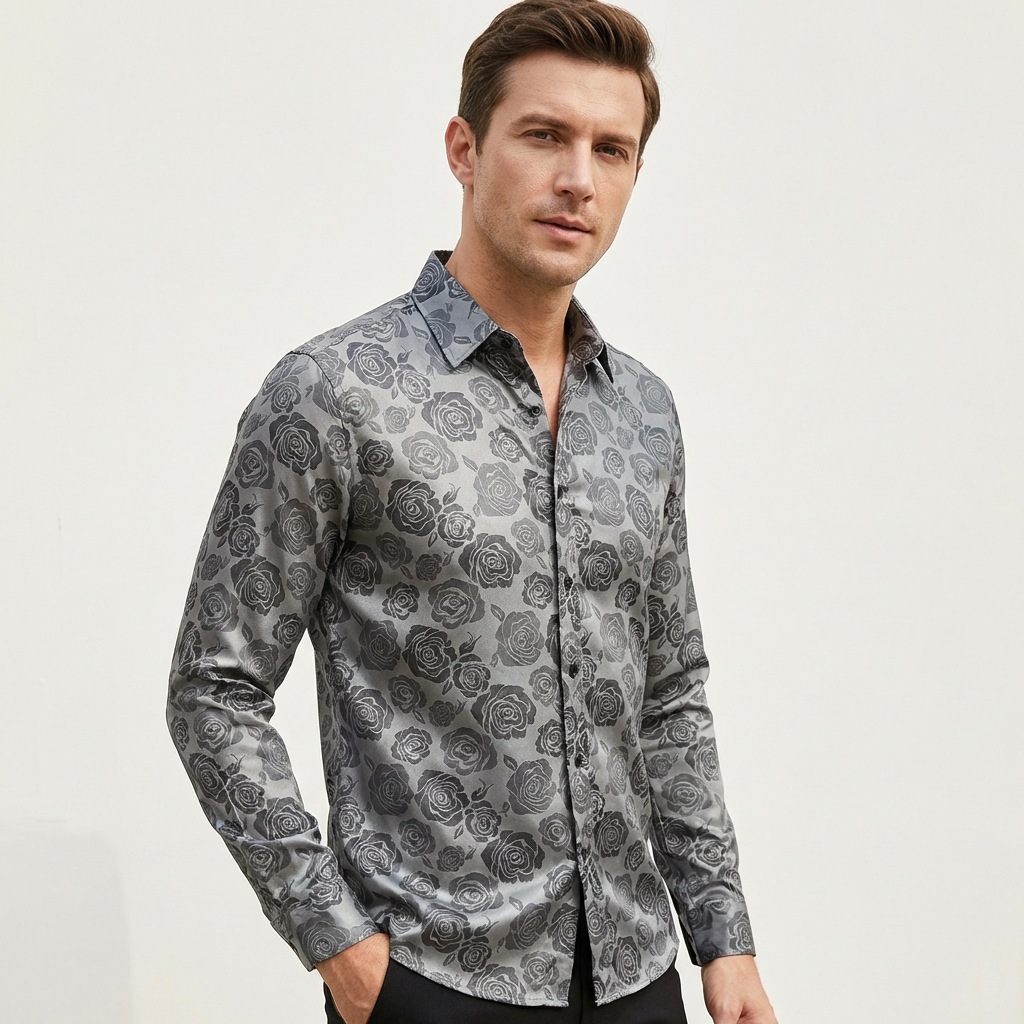 Men’s Gloss Finish Dress Shirt – Elegant Long Sleeve Formal Wear Silver