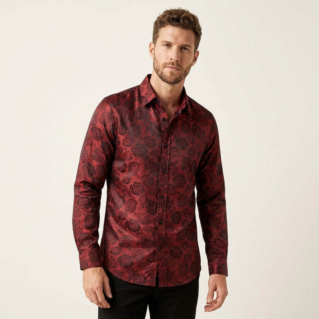 Men’s Gloss Finish Dress Shirt – Elegant Long Sleeve Formal Wear Wine Red