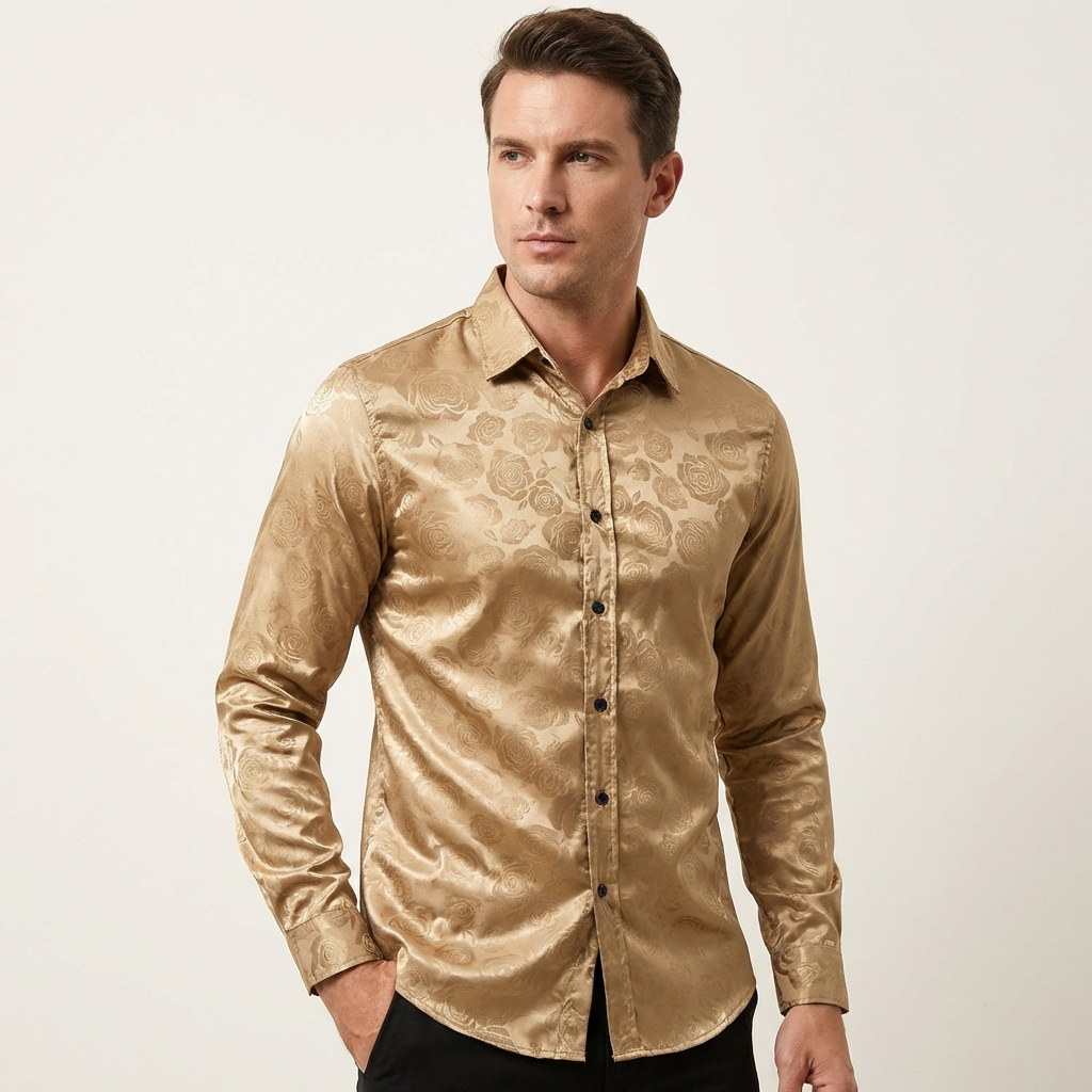 Men’s Gloss Finish Dress Shirt – Elegant Long Sleeve Formal Wear Gold