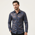 Men’s Gloss Finish Dress Shirt – Elegant Long Sleeve Formal Wear Navy Blue