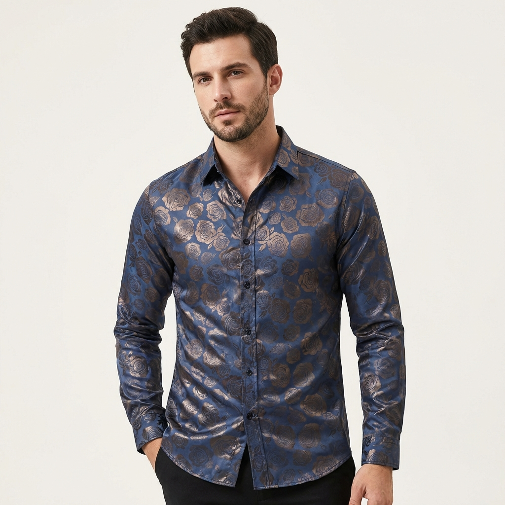 Men’s Gloss Finish Dress Shirt – Elegant Long Sleeve Formal Wear Navy Blue