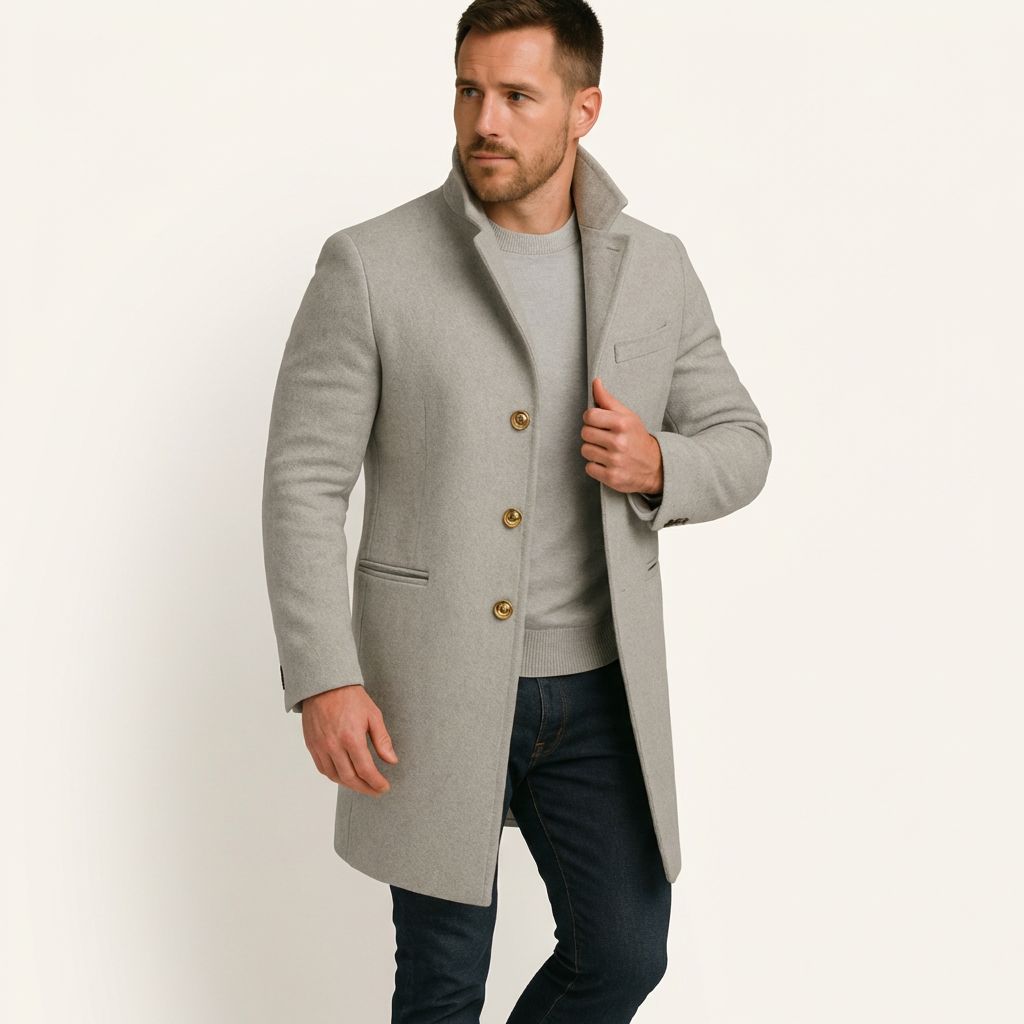 Men’s Black Long Coat – Single Breasted with Gold Button Detail Gray