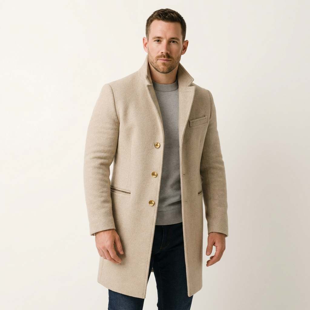 Men’s Black Long Coat – Single Breasted with Gold Button Detail Beige