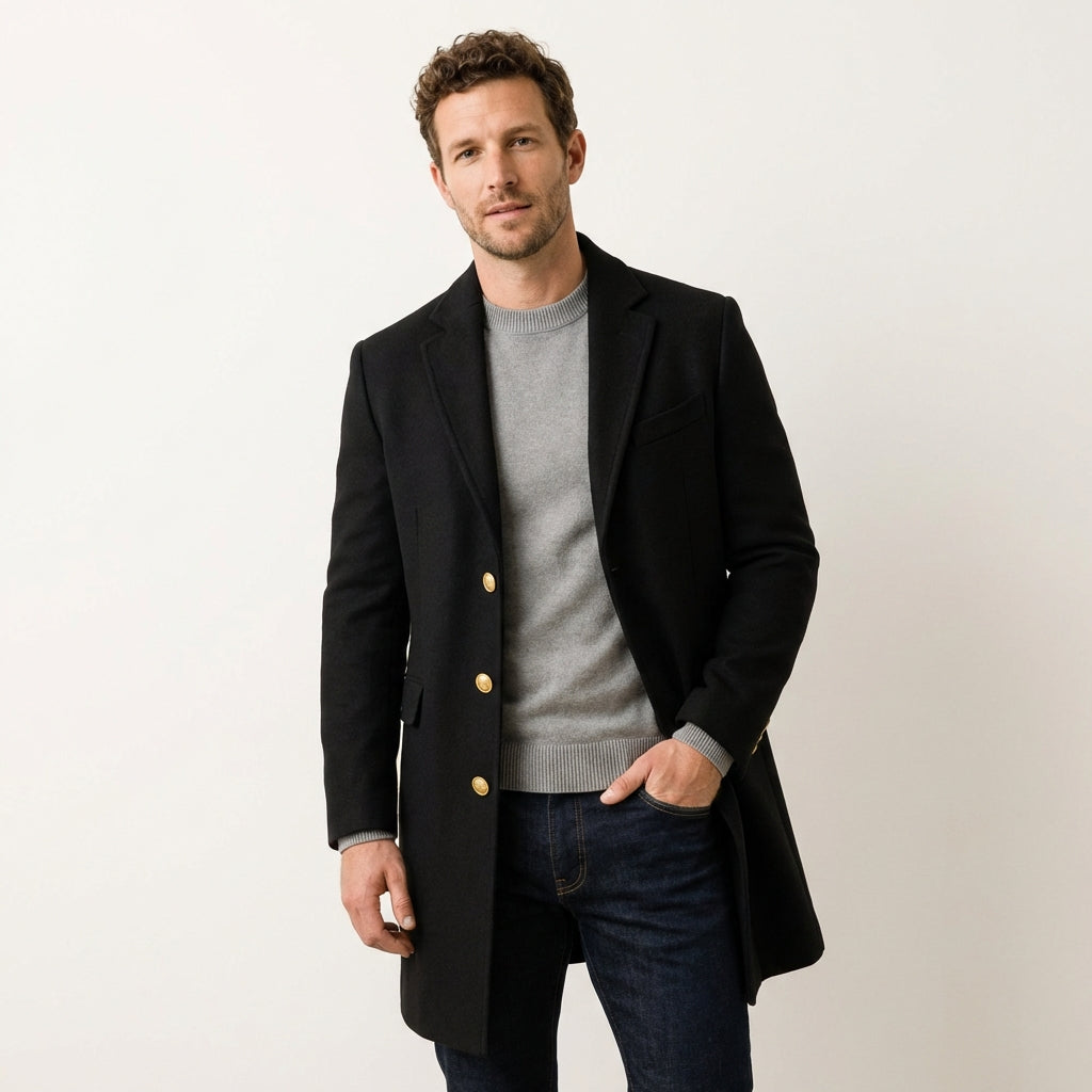Men’s Black Long Coat – Single Breasted with Gold Button Detail Black