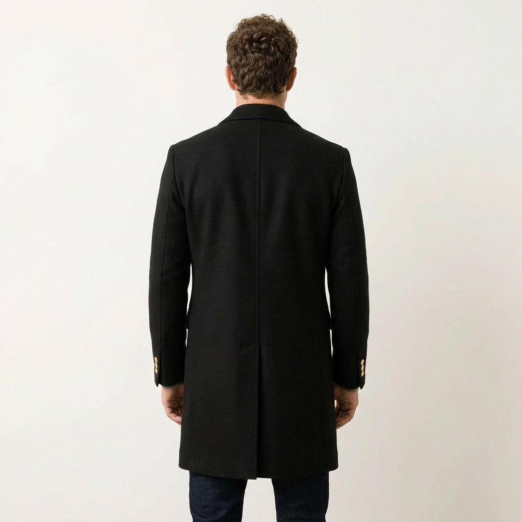 Men’s Black Long Coat – Single Breasted with Gold Button Detail