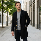 Men’s Black Long Coat – Single Breasted with Gold Button Detail