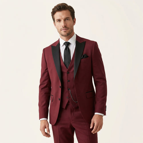 Men’s 3-Piece Slim Fit Suit – Blazer, Vest & Trousers Formal Set Wine Red