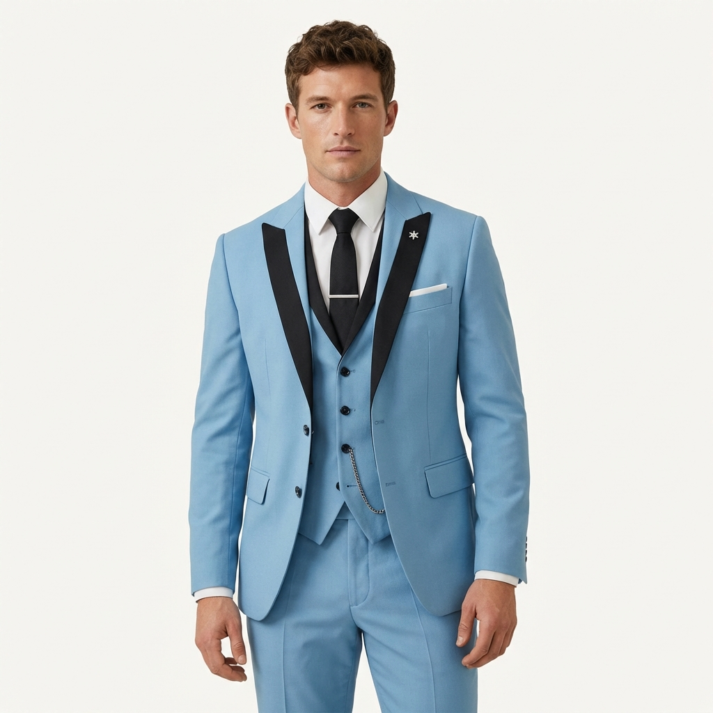 Men’s 3-Piece Slim Fit Suit – Blazer, Vest & Trousers Formal Set Light Blue