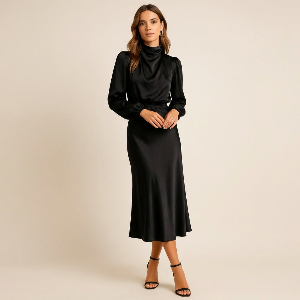 Women’s High Neck Midi Dress – Elegant High Waist Fit Black