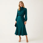 Women’s High Neck Midi Dress – Elegant High Waist Fit Teal Blue