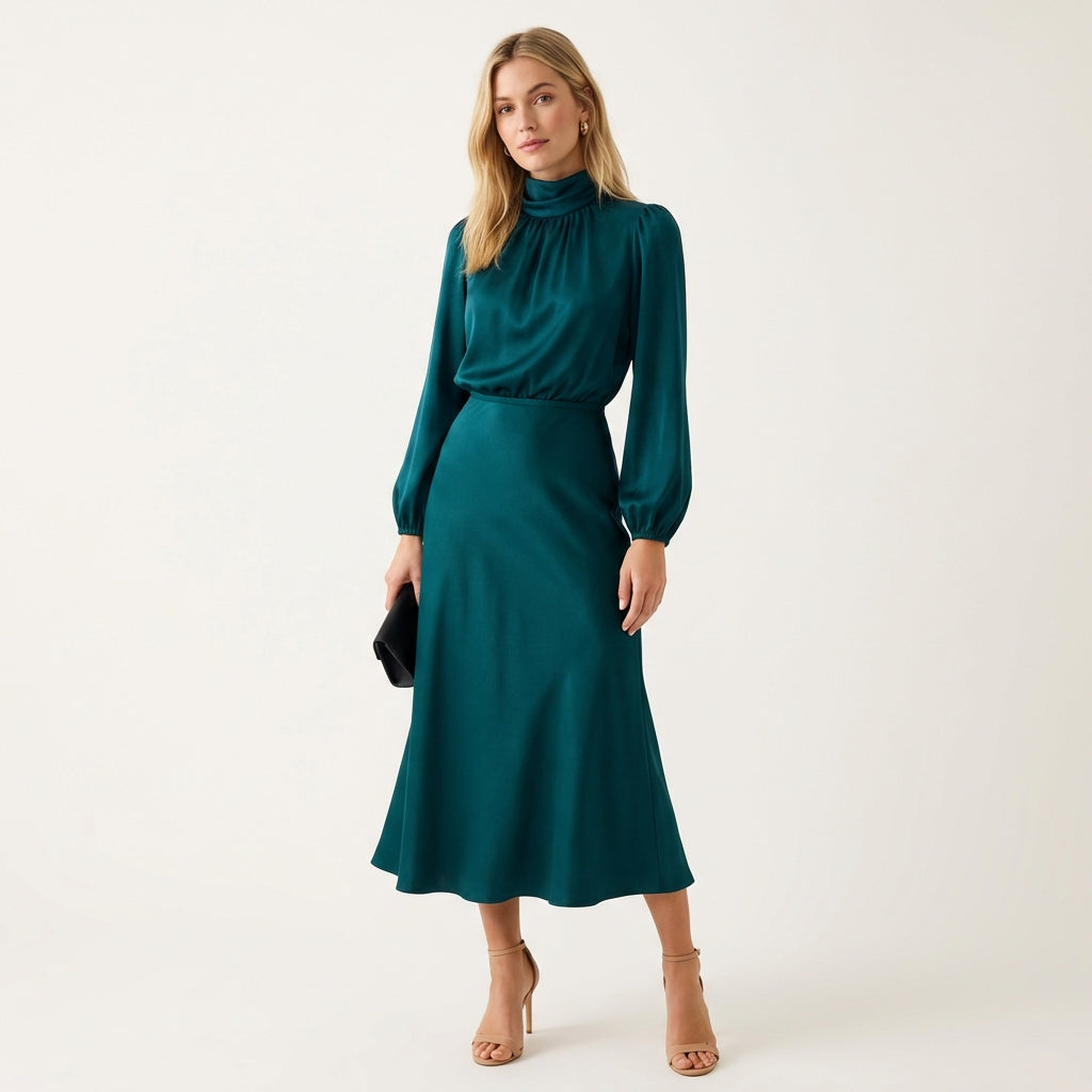 Women’s High Neck Midi Dress – Elegant High Waist Fit Teal Blue