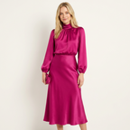Women’s High Neck Midi Dress – Elegant High Waist Fit Hot Pink