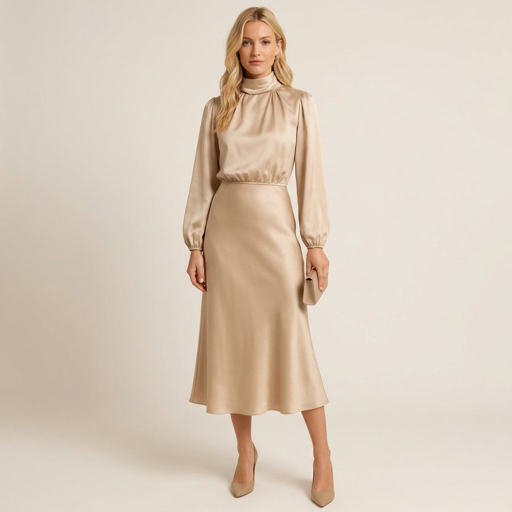 Women’s High Neck Midi Dress – Elegant High Waist Fit Beige