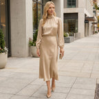 Women’s High Neck Midi Dress – Elegant High Waist Fit