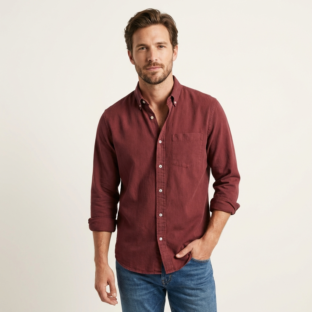 Men’s Solid Color Business Dress Shirt – Long Sleeve Wine Red