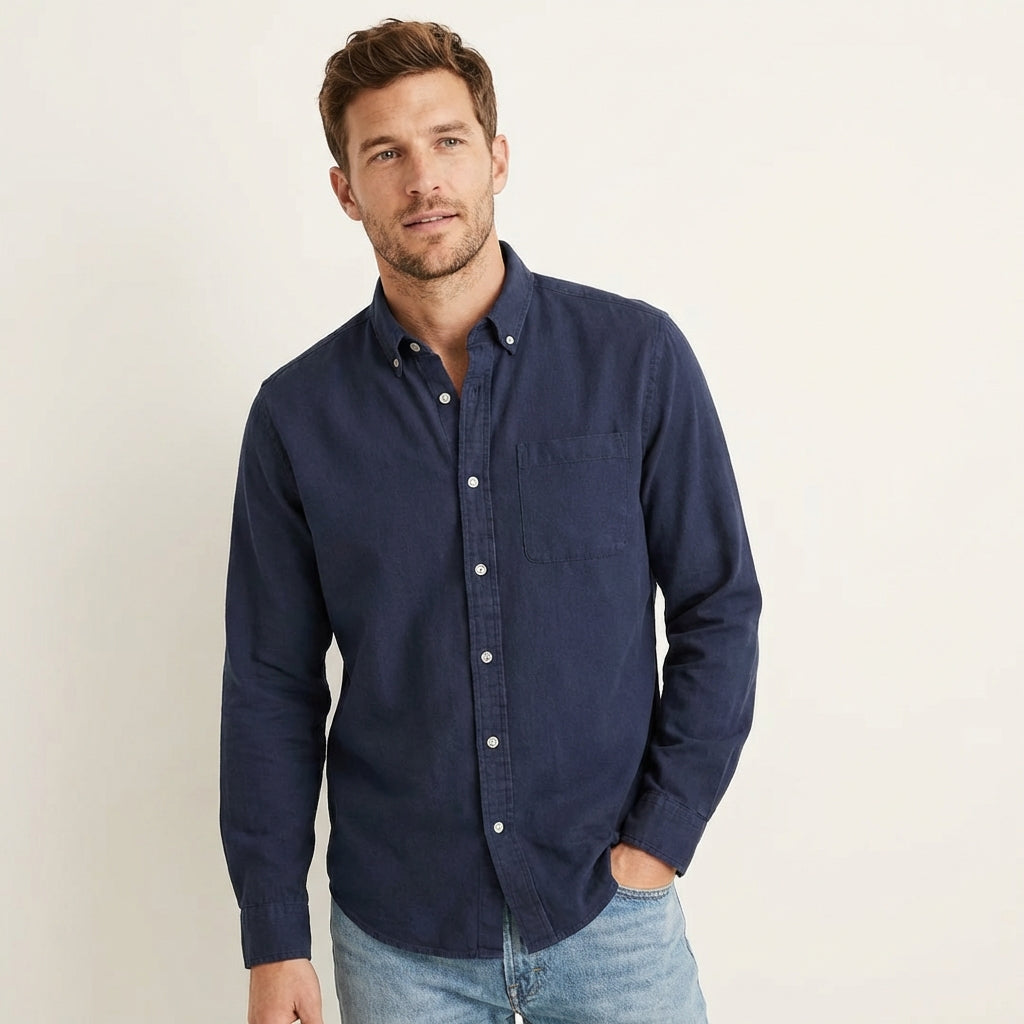 Men’s Solid Color Business Dress Shirt – Long Sleeve Navy Blue