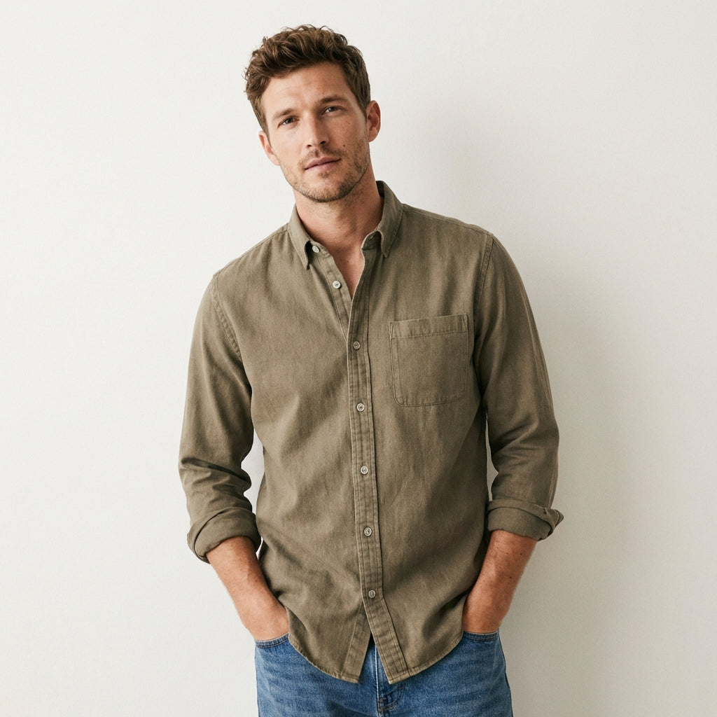 Men’s Solid Color Business Dress Shirt – Long Sleeve Beige